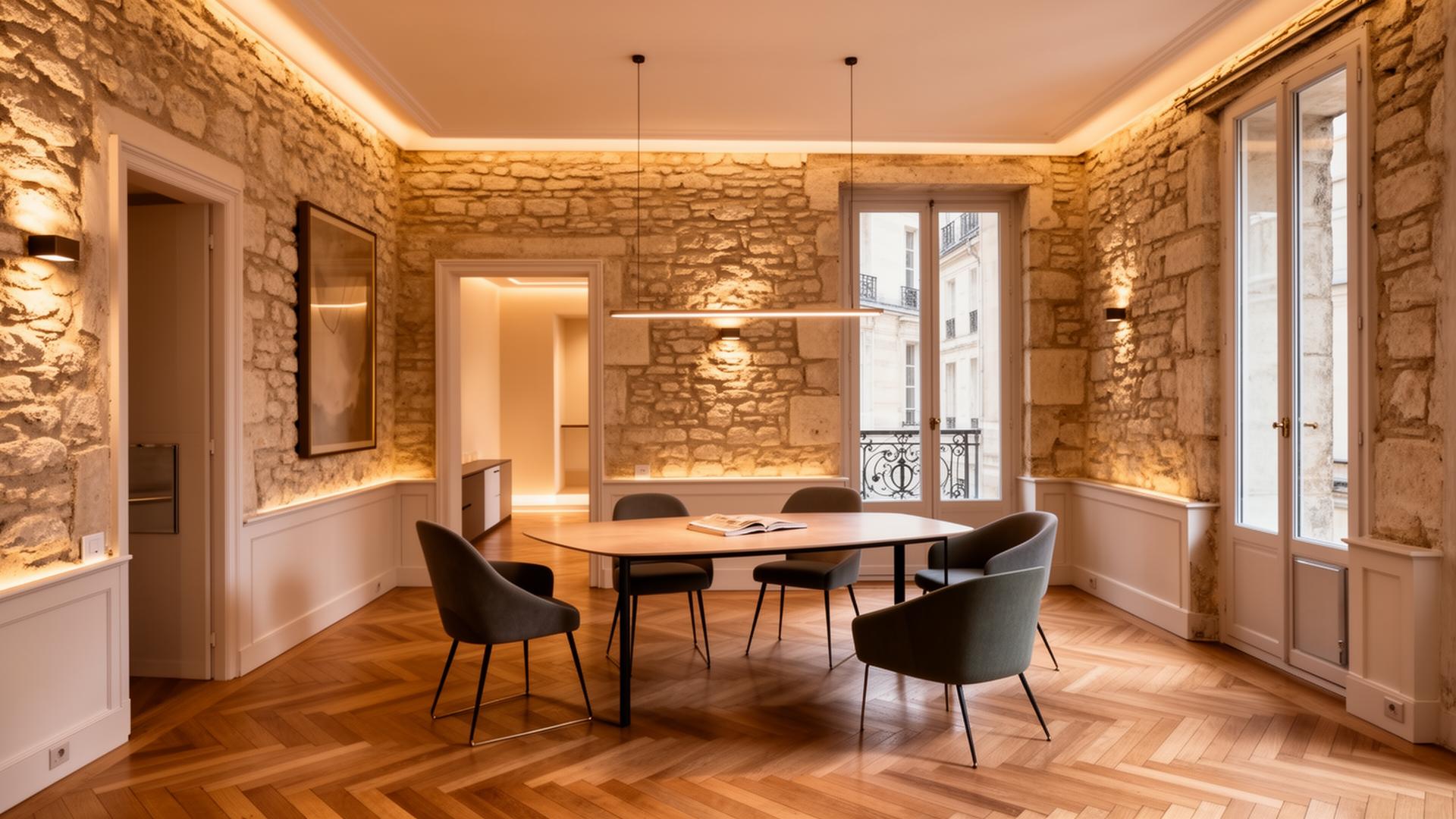 Intérieur ancien rénové avec murs en pierre apparente